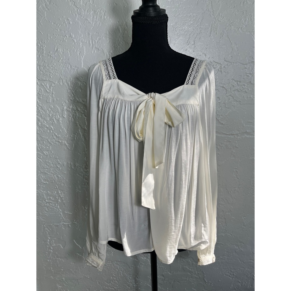 Gap Ivory Rayon Crochet Lace Trim Bow Front Babydoll Blouse Womens Large